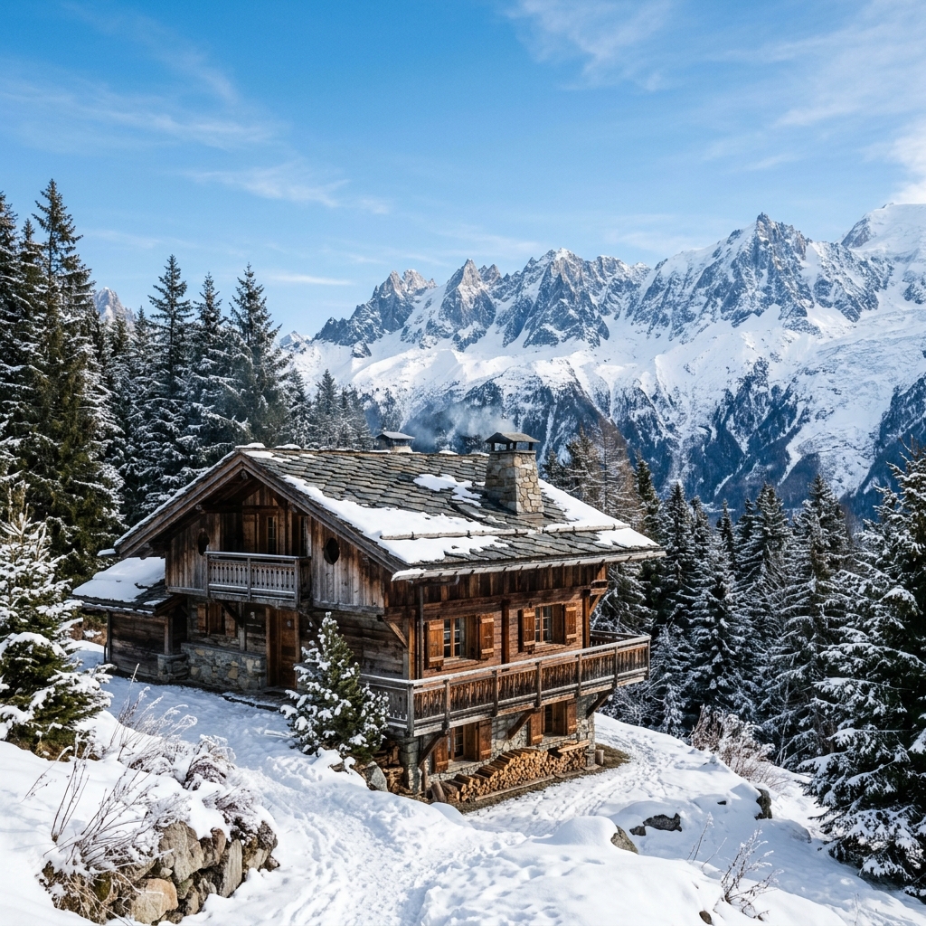 Chalet dauphinois avec toiture en ardoise naturelle sous un ciel alpin en Isère